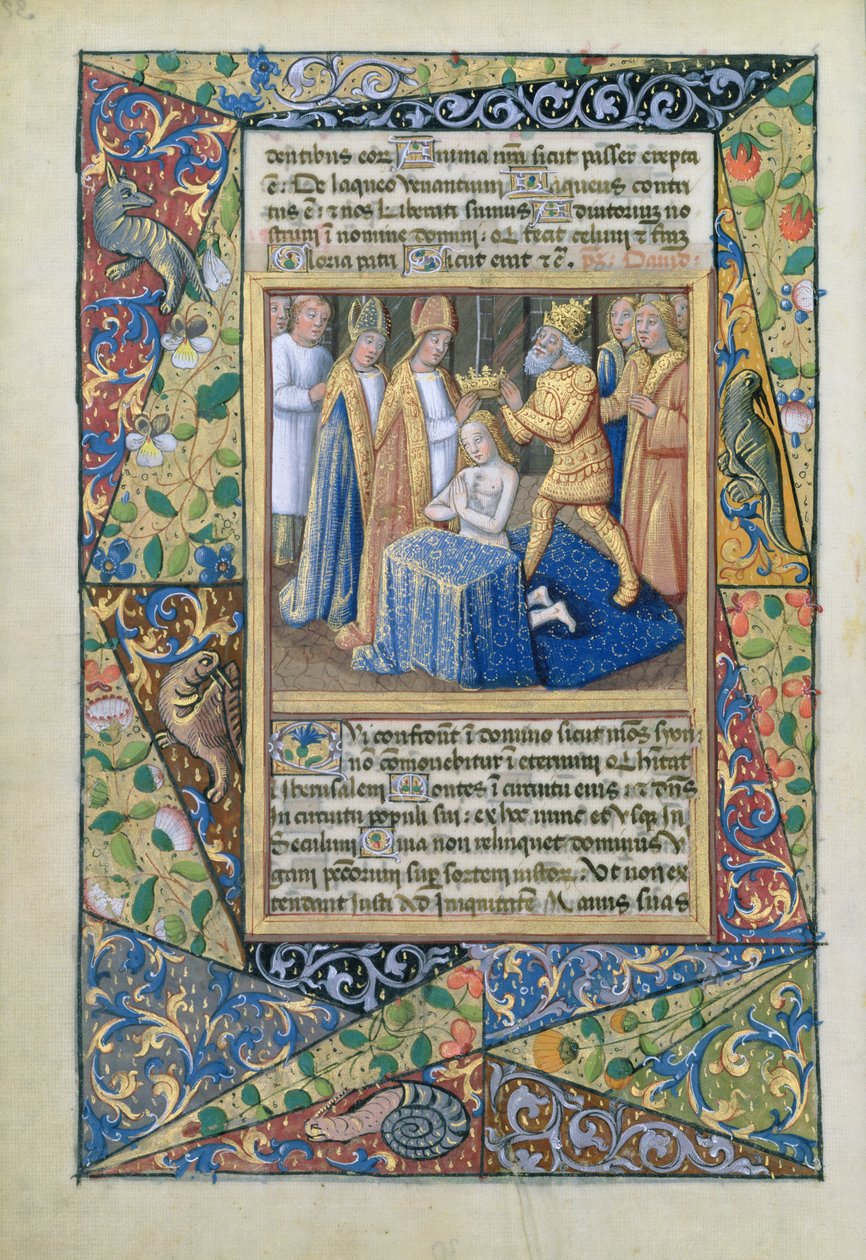 paní Lat. Q.v.I.126 f.32v David je korunován, z Knihy hodin Louise dOrleans, 1490 od Jean Colombe