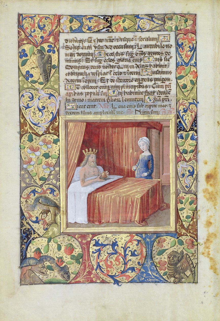 paní Lat. Q.v.I.126 f.37v Král ležící v posteli, z „Knihy hodin Louise d