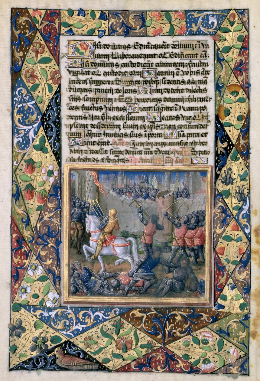 paní Lat. Q.v.I.126 f.38v Rechoboam vede válku proti Jeroboamovi, z „Knihy hodin Ludvíka d