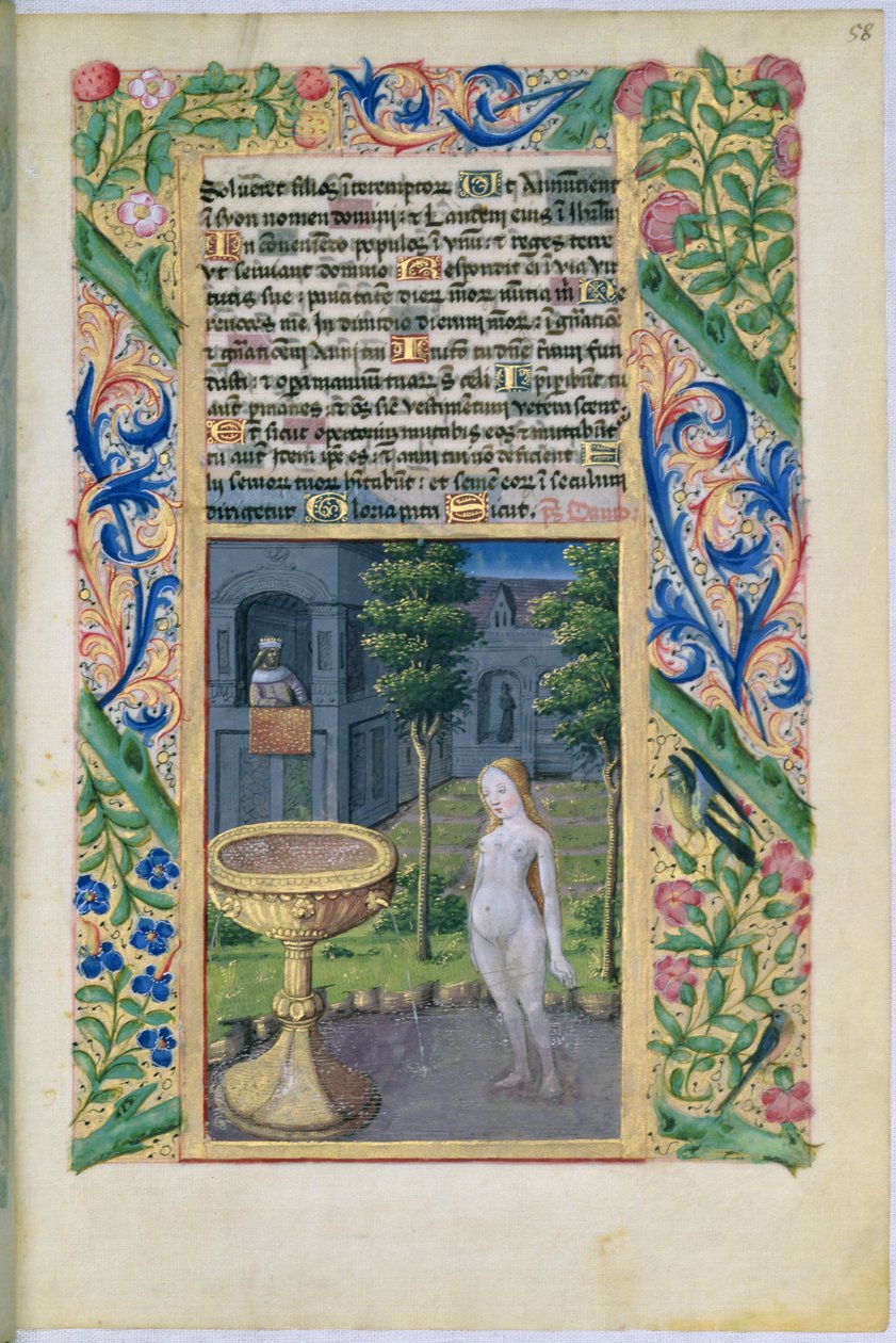 paní Lat. Q.v.I.126 f.58 David špehoval Bathshebu, když se koupala, z Knihy hodin Louise dOrleans, 1469 od Jean Colombe