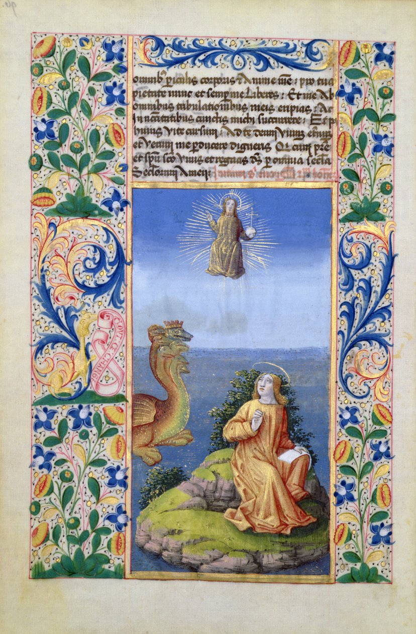 paní Lat. Q.v.I.126 f.96v St. John the Evangelist on the Island Patmos, from Book of Hours of Louis dOrleans, 1469 od Jean Colombe