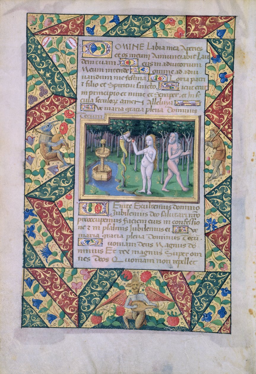 paní Lat. Q.v.I.126 fol.12v The temptation in Eden Garden, from Book of Hours of Louis dOrleans, 1490 od Jean Colombe