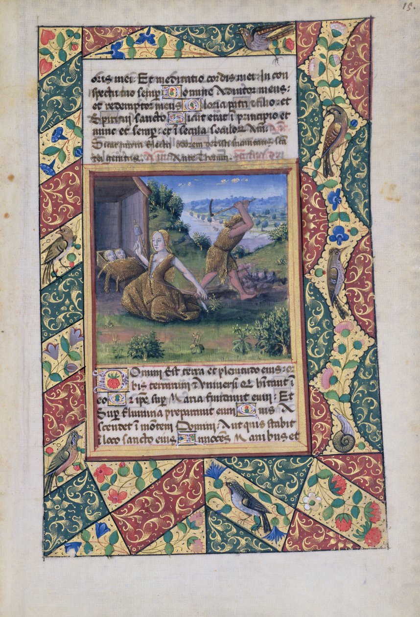 paní Lat. Q.v.I.126 fol.15 Adam a Eva dřou, z Knihy hodin Louise dOrleans, 1490 od Jean Colombe