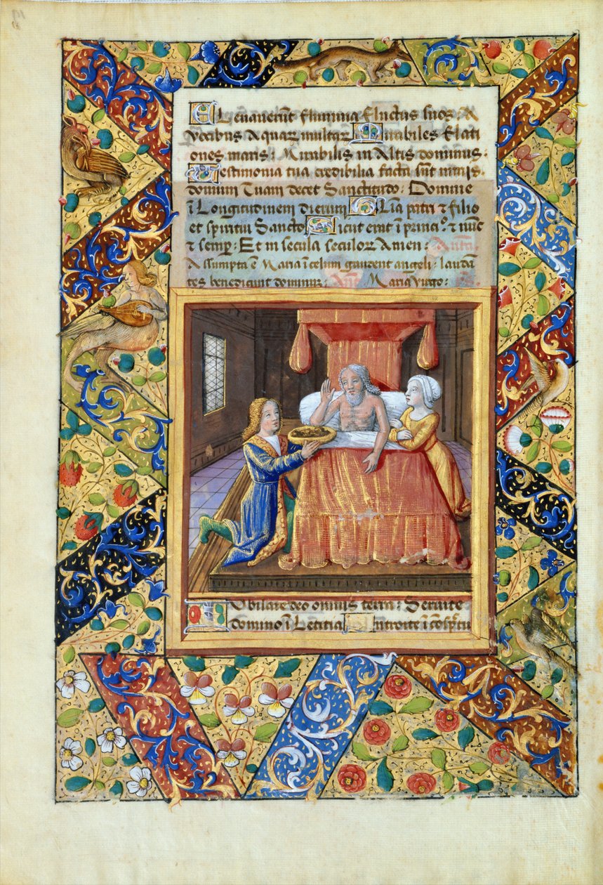 paní Lat. Q.v.I.126 fol.19v Izák žehnající Jákobovi, z „Knihy hodin Ludvíka d