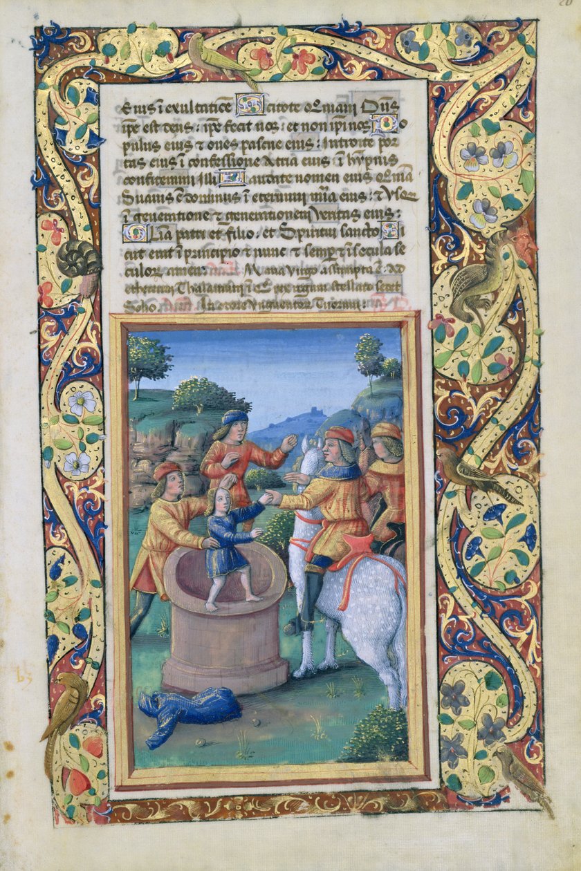 paní Lat. Q.v.I.126 fol.20 Josef byl vytažen ze studny a prodán Izmaelitům, z Knihy hodin Louise dOrleans, 1490 od Jean Colombe
