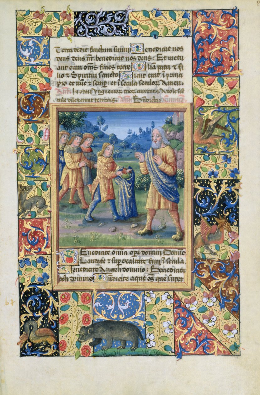 paní Lat. Q.v.I.126 fol.21 Josephovi bratři ukazují svému otci důkaz, že Joseph je mrtvý, z Knihy hodin Louise dOrleans, 1490 od Jean Colombe
