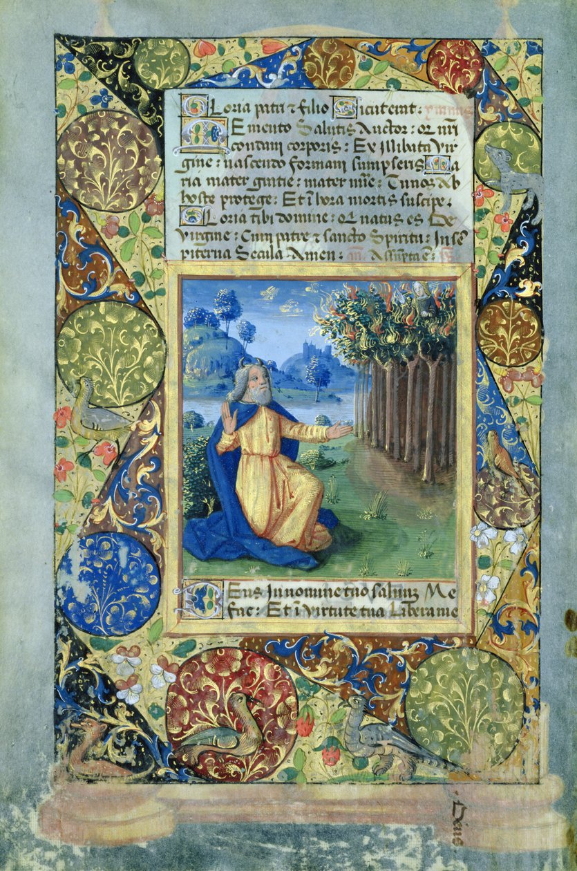 paní Lat. Q.v.I.126 fol.25v Mojžíš před hořícím keřem, z Knihy hodin Ludvíka dOrleans, 1490 od Jean Colombe