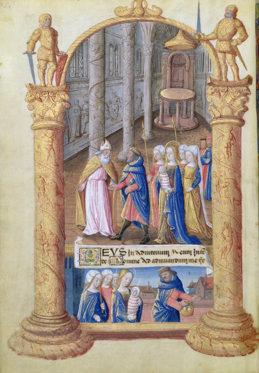 paní Lat. Q.v.I.126 fol.33v Prezentace Ježíška v chrámu, z Knihy hodin Louise dOrleans, 1490 od Jean Colombe