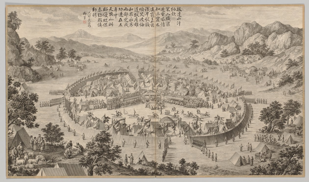 Khan of Bada Shan představuje poctu: z bitevních scén potlačení povstání, c. 1765-177 od Jean Damascene Sallusti