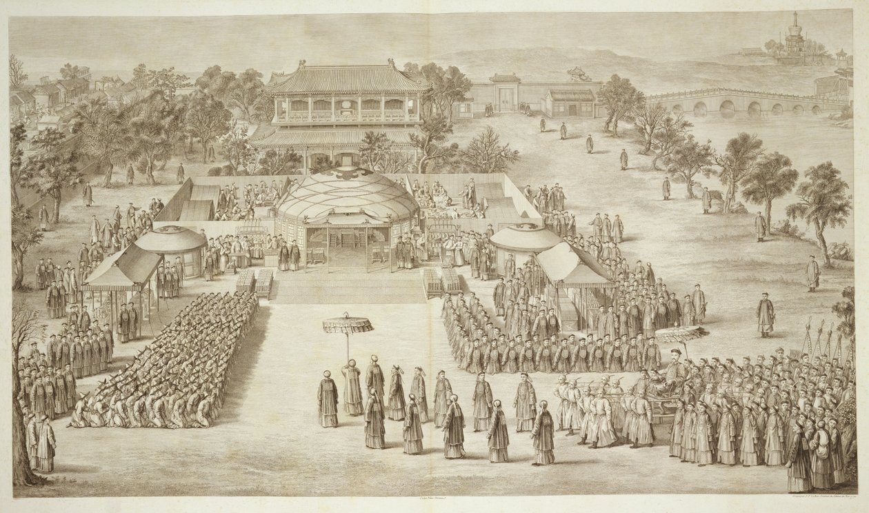 Císař Qianlong přijímá poctu dobytým Eleuthům (Tatar Kalmucks) deska 2 ze série tisků představujících dobytí čínského císaře, vyryl Jacques Philippe Le od Jean Denis Attiret