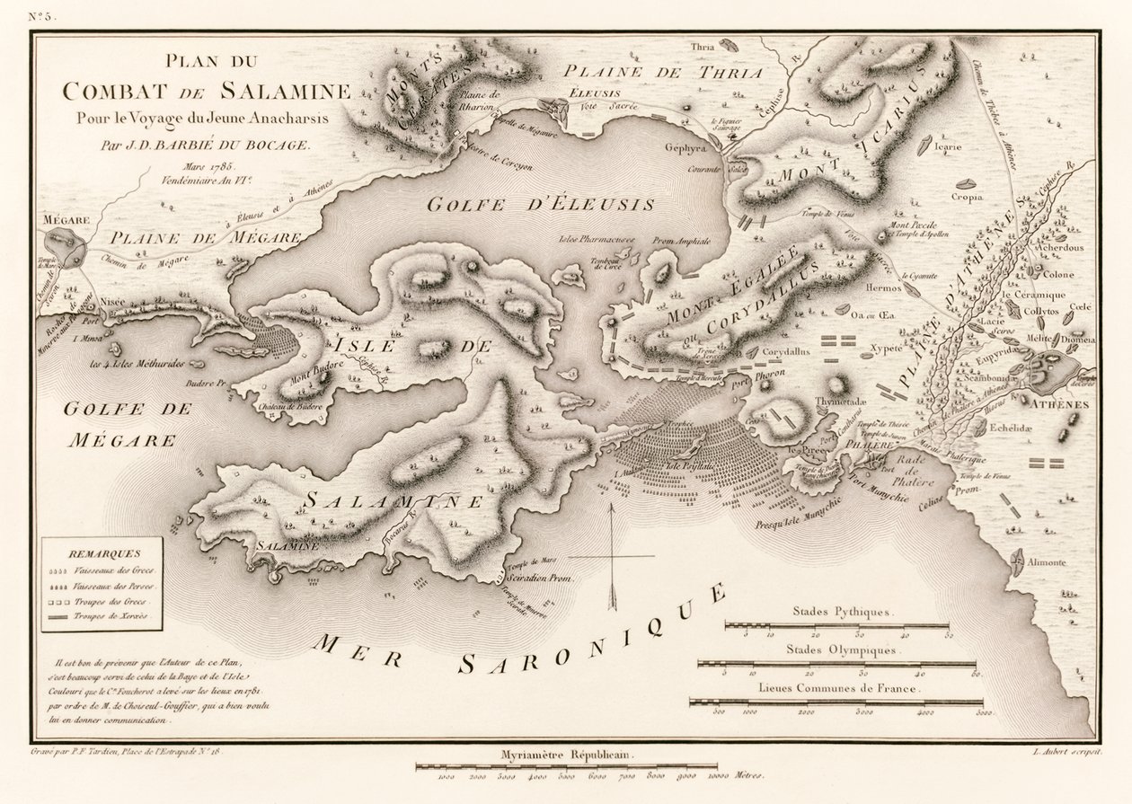 Plan du Combat de Salamine Pour le Voyage du Jeune Anacharsis (Plán bitvy u Salamis 480 př. n. l.) od Jeana Denise Barbie du Bocage (1760-1825) z Voyage du jeune Anacharsis en Grèce (Cesty Ana od Jean Denis Barbie du Bocage