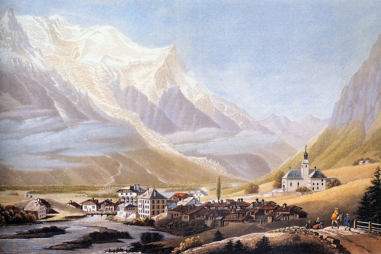 Údolí Chamonix a masiv Mont-Blanc, asi 1810 (rytina) od Jean Dubois