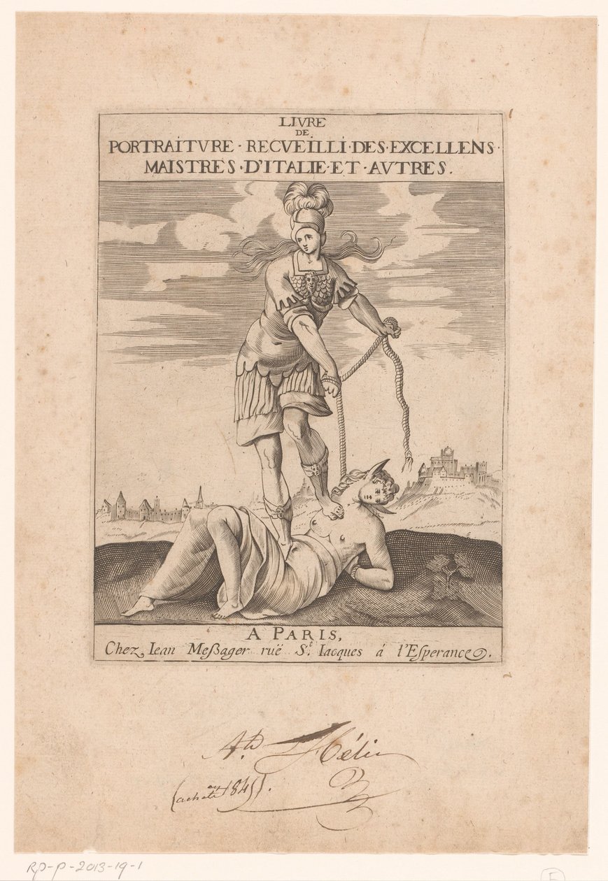 Minerva sváže Hloupost provazem Titulní strana pro: s.n., Livre de portraiture receuilli des excellens maistres d