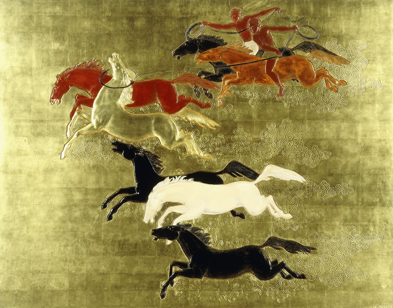 Dobytí koně; La Conquete du Cheval, kolem roku 1934 (lakovaný a zlacený panel) od Jean Dunand