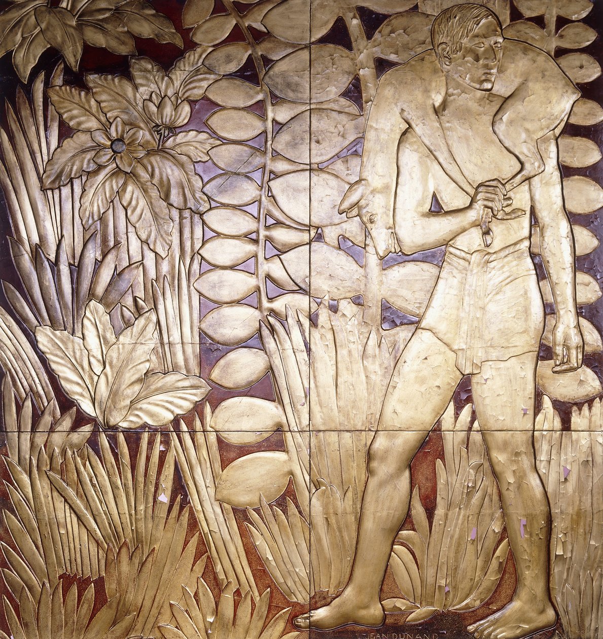 Čtyři lakované a zlacené dřevěné panely z "La Chase", kolem 1935-1949 od Jean Dunand