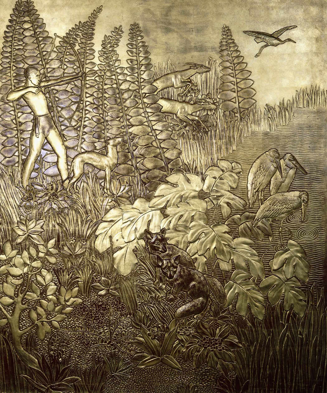 Lov; La Chasse, c. 1934 (zlacené a lakované dřevo) od Jean Dunand