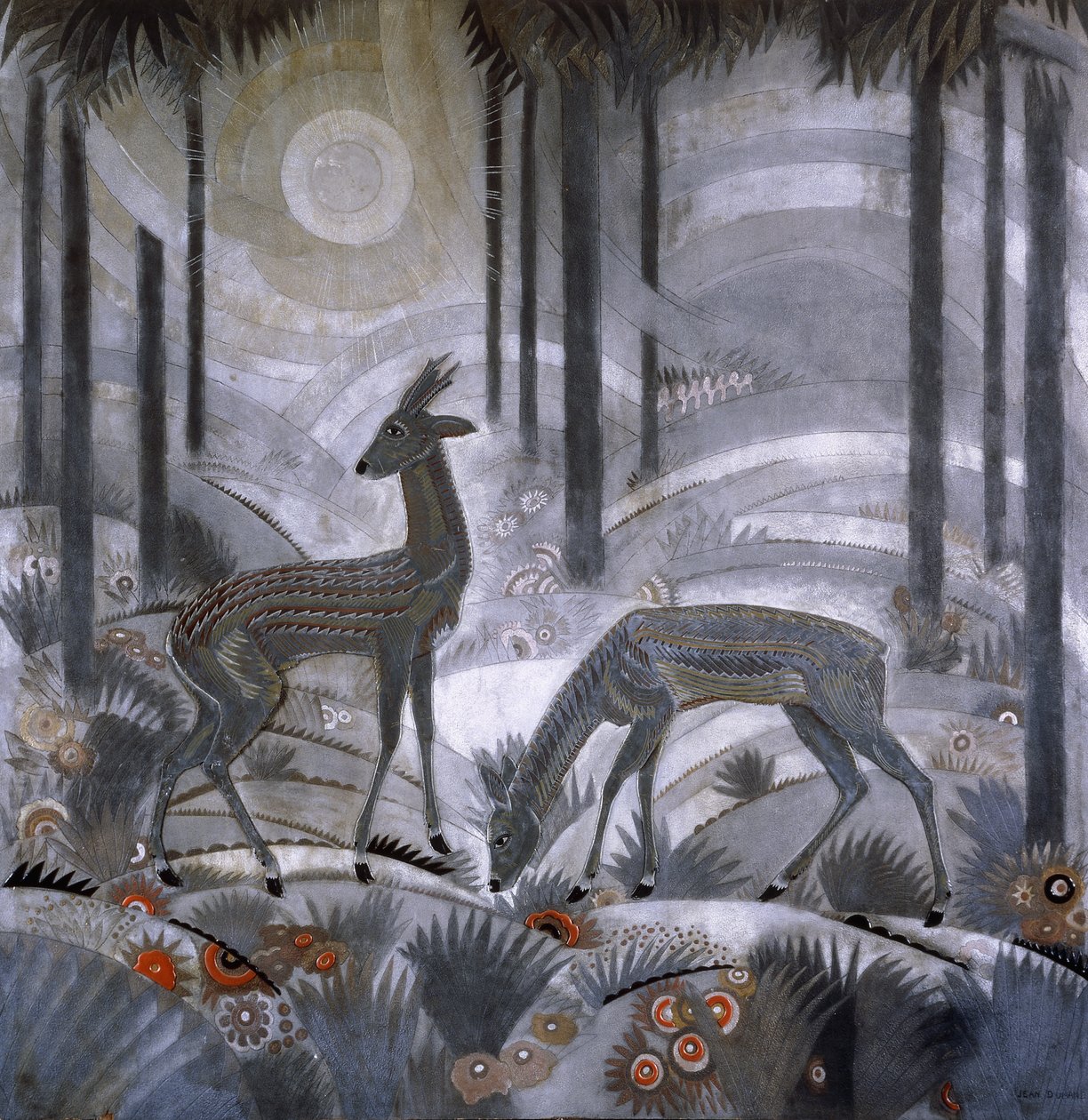 Dva jeleni v lese, kolem roku 1929 (lakovaný dřevěný panel) od Jean Dunand