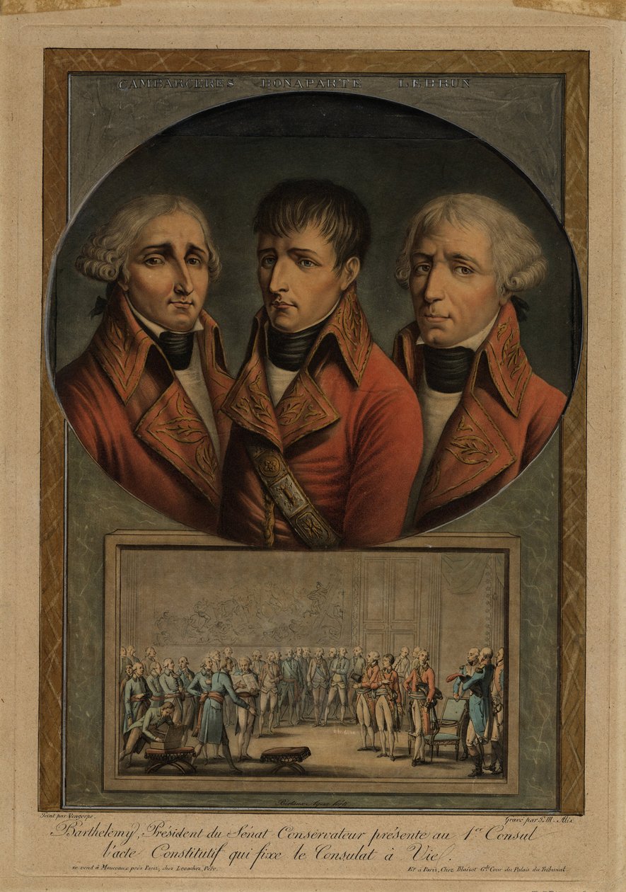 Tři francouzští konzulové: Jean-Jacques Régis de Cambacérès, Napoleon Bonaparte a Charles-François od Jean Duplessis Bertaux
