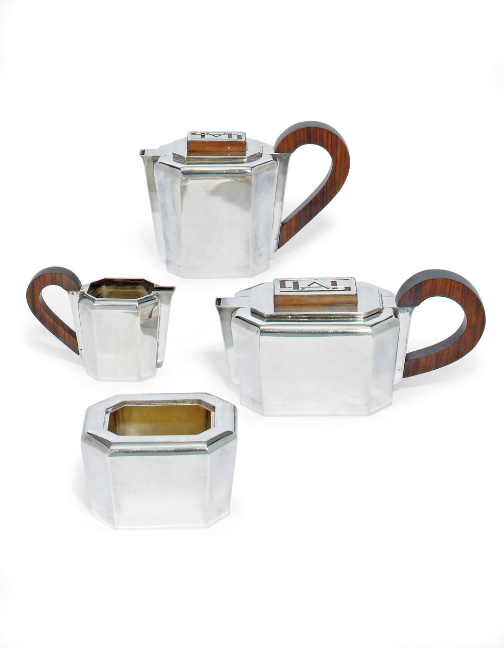 Čajový set, cca 1930 (stříbro a růžové dřevo) od Jean Elysée Puiforcat