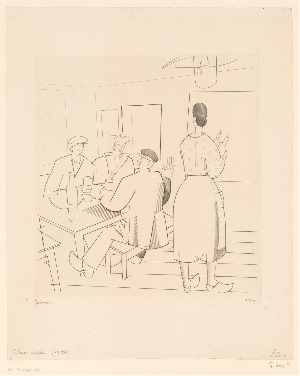 Interiér kavárny se zákazníky a servírka Cabaret vendéen (název na objektu) od Jean Emile Laboureur (signed by artist)
