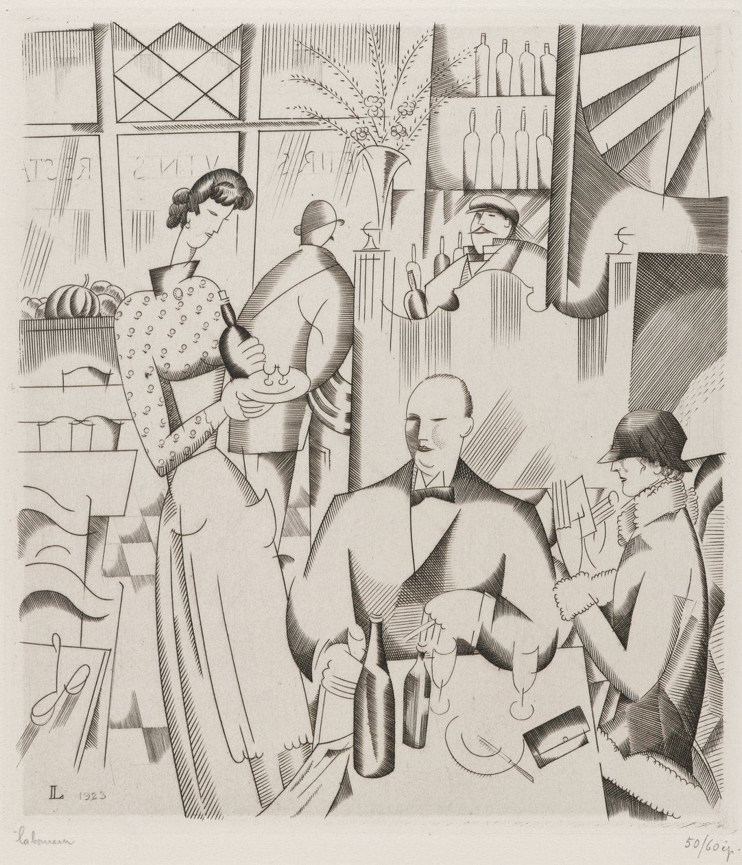 Dinner at the Bisto (Le diner chez le bistrot), 1923 (rytina na tkaném papíře) od Jean Emile Laboureur