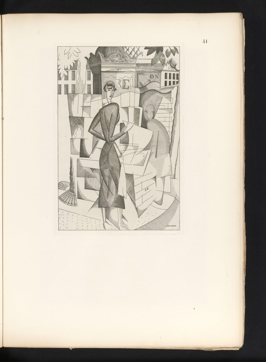 Muž a žena v novinovém kiosku Le kiosque a journaux (původní název) od Jean Emile Laboureur