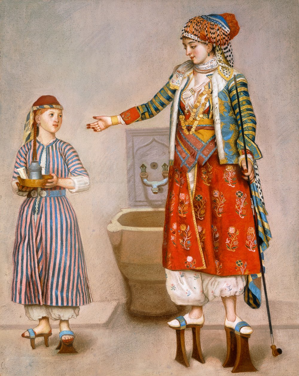 Žena v tureckém kostýmu v hamamu poučuje svého služebníka, od Jean Étienne Liotard