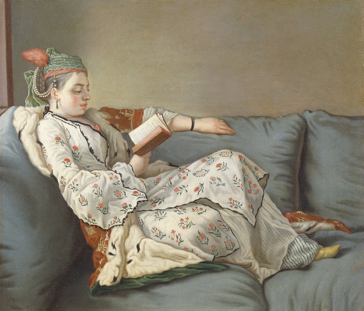 La Sultane Lisant, dáma v tureckém kostýmu čtení na divanu, od Jean Étienne Liotard