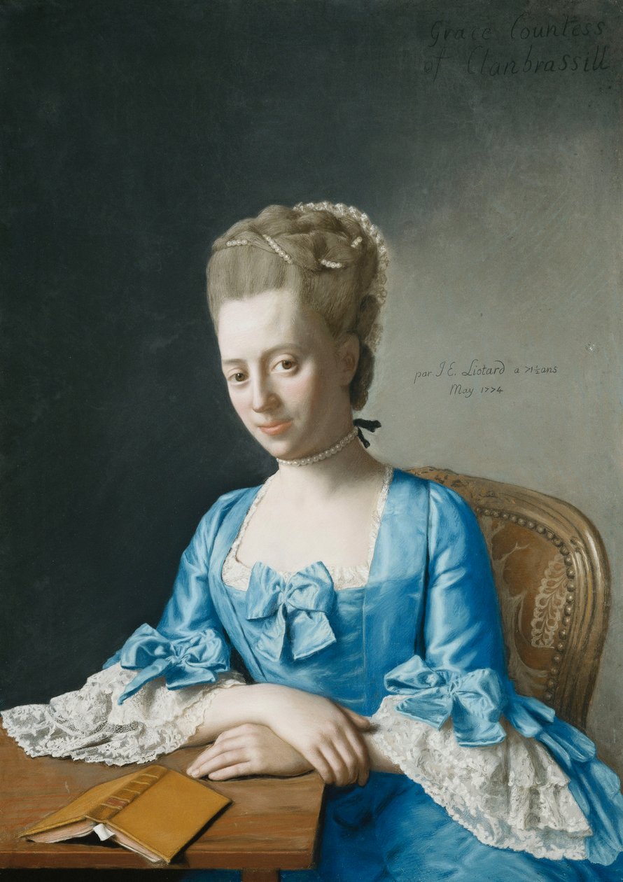 Portrét Grace, hraběnky z Clanbrassil, rozené Foleyové, poloviční délky, v modrých šatech, sedící u stolu se zkříženýma rukama, 1774 od Jean Étienne Liotard