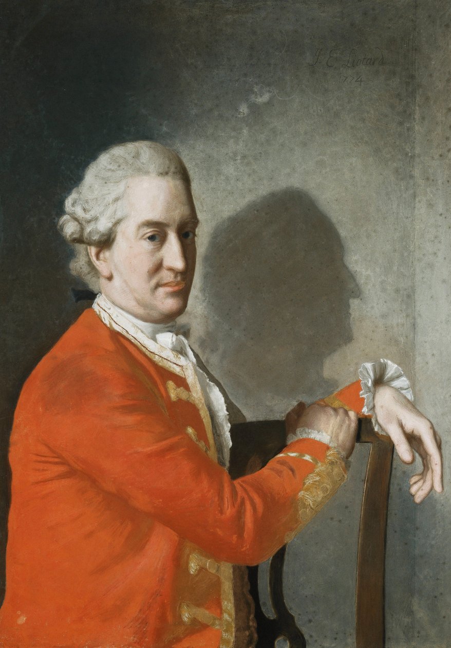Portrét Jamese Hamiltona, 2. hraběte z Clanbrassil, poloviční délka, v červeném kabátě, sedícího v mahagonovém křesle, jeho profil zalitý ve stínech na zdi za zády, 1774 od Jean Étienne Liotard