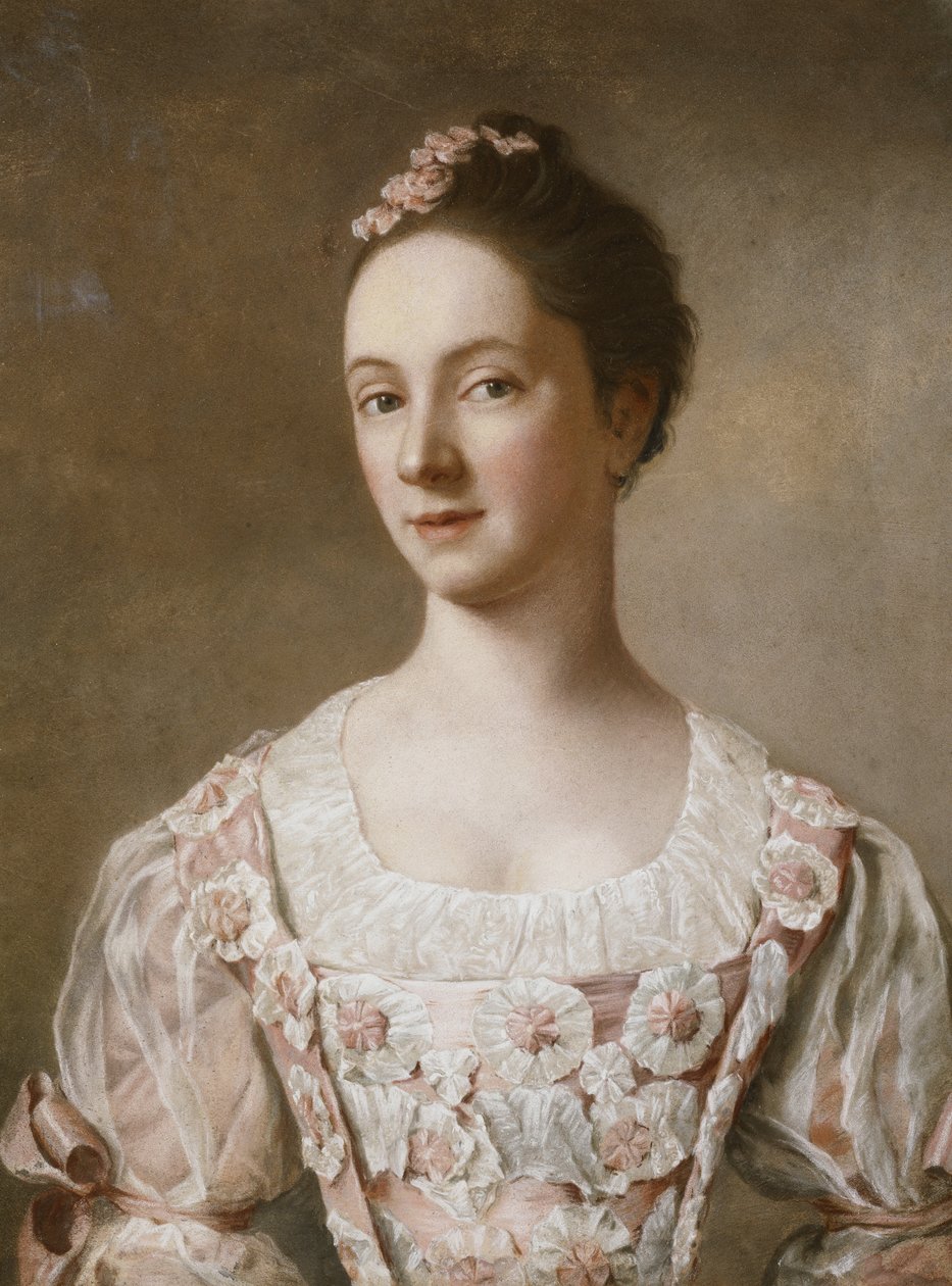 Portrét dámy, poloviční délka, v růžových a bílých šatech, od Jean Étienne Liotard