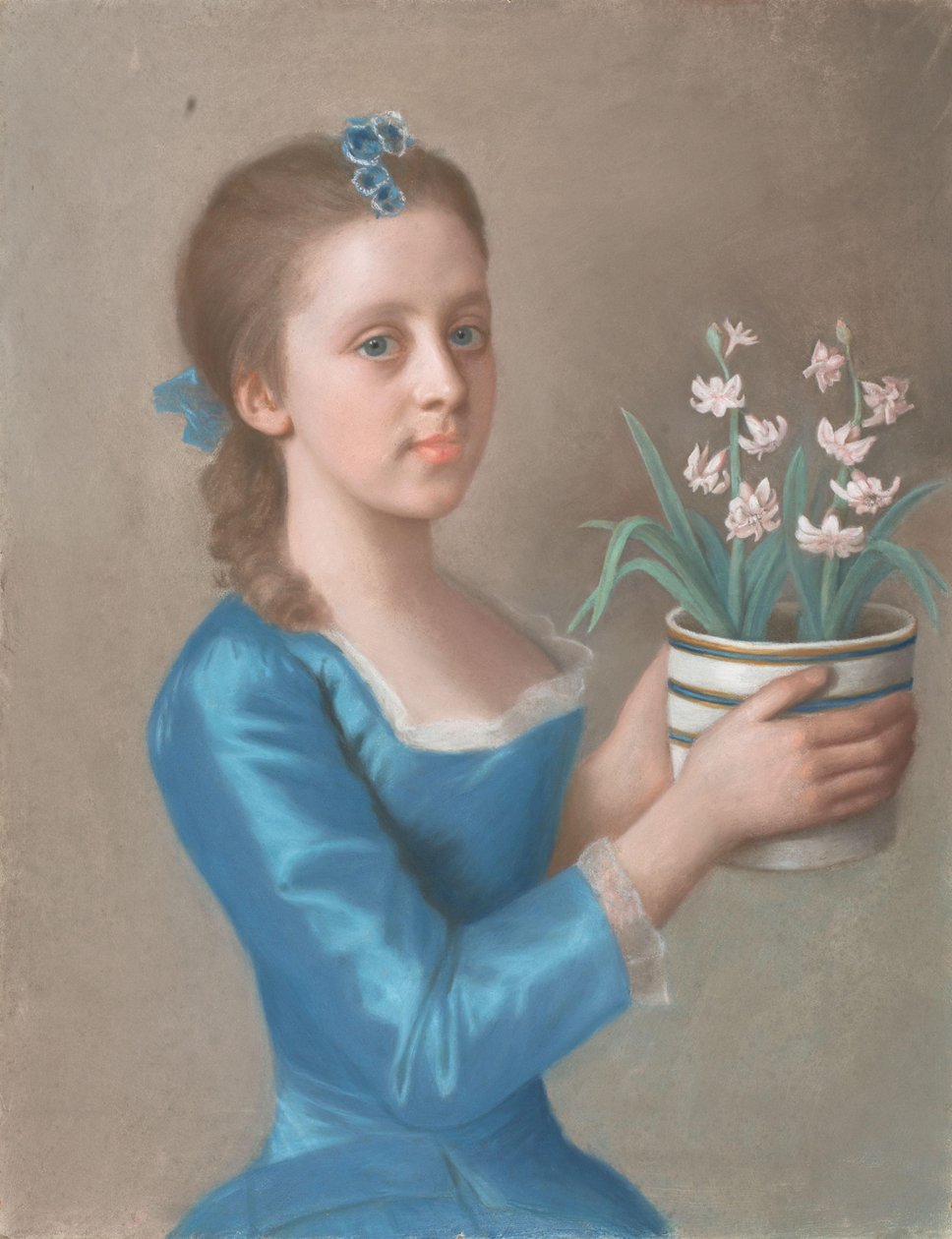 Mladá dívka drží hrnec hyacintů Dívka s květináčem hyacintů (možná portrét lady Caroline Russell, pozdější vévodkyně z Marlborough) od Jean Étienne Liotard