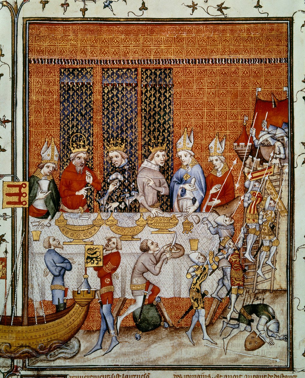 Banket nabízený francouzským králem Karlem V. (1338-1380) v paláci Cité na počest císaře Karla IV. (1316-1378) a českého krále Václava IV. (1363-1419). Miniatura z „Velkých letopisů Francie“ od Jeana Fouqueta (1420-1481), Paříž, B.N. od Jean Fouquet