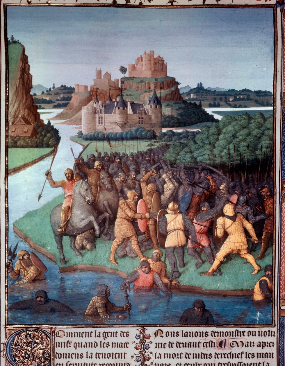 Bitva mezi Židy a Makedonci Miniatura převzatá z „Knihy starověkých Židů“ (Judské starožitnosti) od Jeana Fouqueta (1420-1481) Paříž 15. století, B.N. od Jean Fouquet