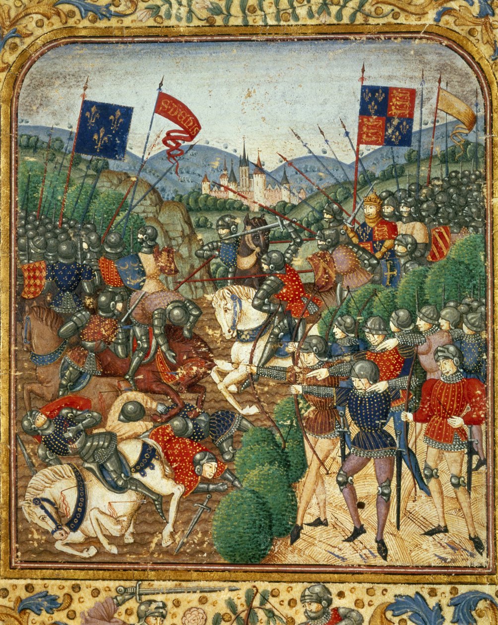 Bitva u Azincourtu (1415). Během stoleté války Jindřich V. Anglie porazil francouzskou stranu Armagnacs - v „Grandes Chronicles de France“ od Jeana Fouqueta, kolem 1467 - 1476). Victoria & Albert Library od Jean Fouquet