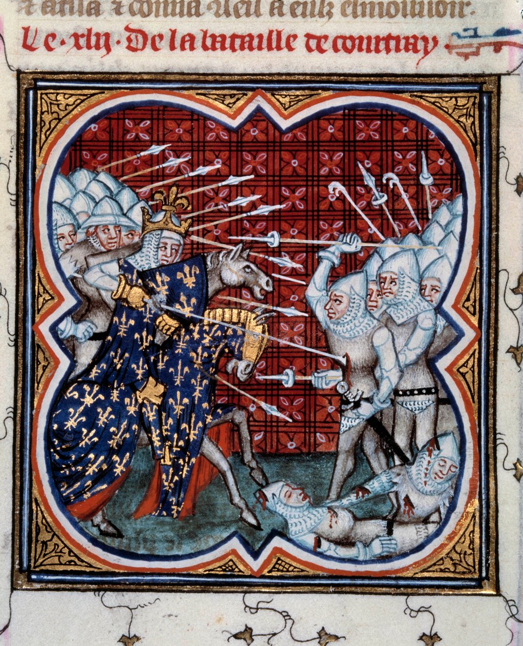 Bitva u Kortrijku mezi Filipem IV. Belem (1268-1314) a vlámská tzv. bitva o Zlaté ostruhy 11/07/1302 Miniatura převzata z „“Les grandes Chronicles de France““ od Jeana Fouqueta (1420-1481) 15. století . Paříž, B.N. od Jean Fouquet