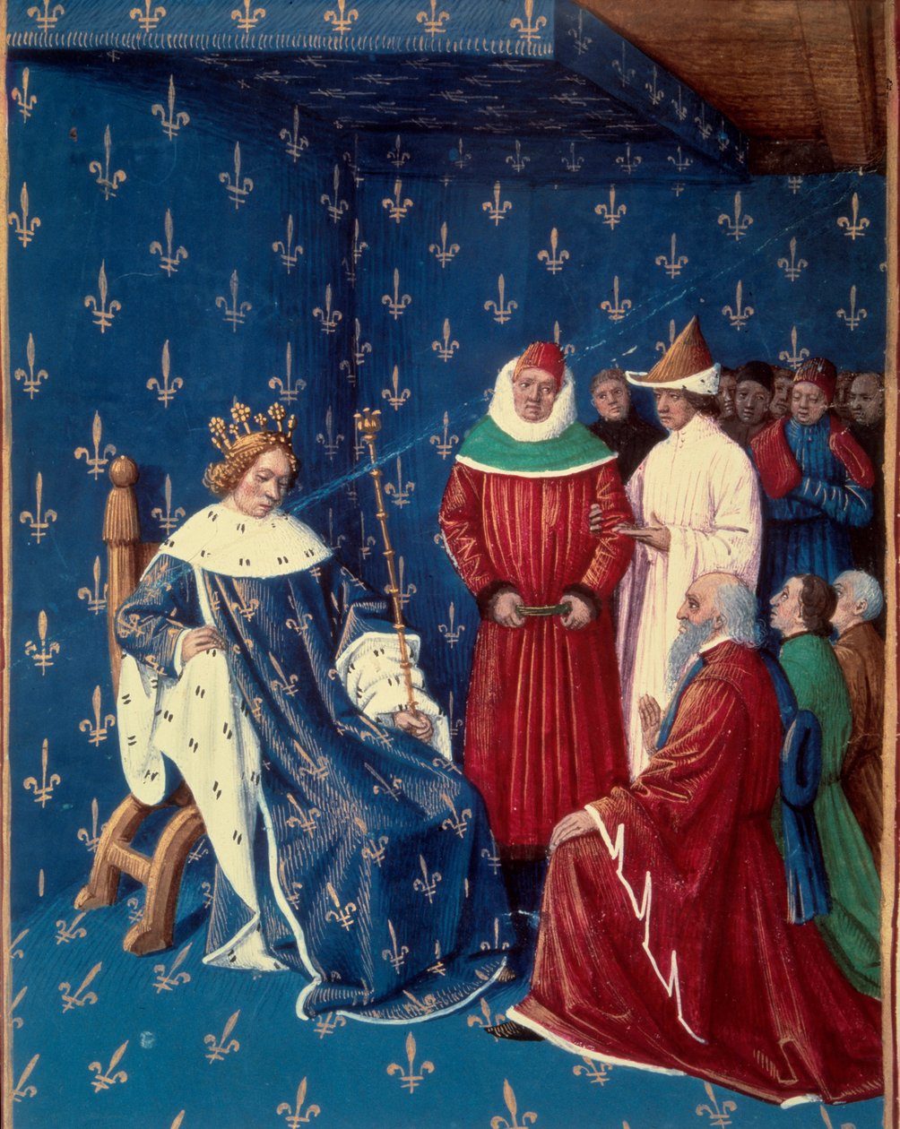Karel V. (1338-1380) přijal v roce 1377 velvyslance Karla IV. (1316-1378), císaře Svaté germánské říše. Miniatura z rukopisu Jeana Fouqueta (1420-1481) od Jean Fouquet