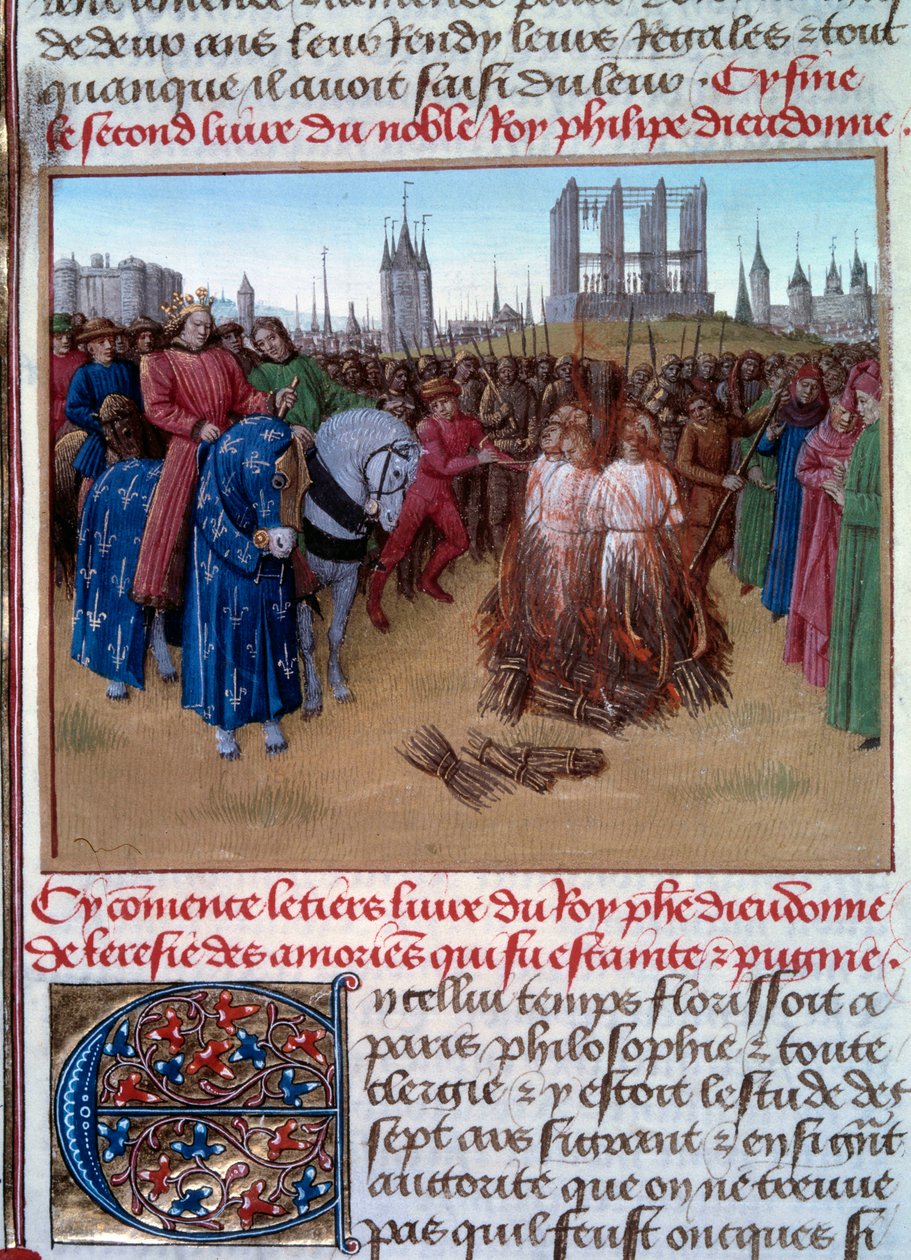 Odsouzení a mučení amauriků (příznivců Amauryho de Chartres, francouzského filozofa a teologa 12. století) za přítomnosti Filipa II. známého jako Philip Auguste (1165-1223). Rukopis „“ Grandes Chronicles de France „“ (Folio 236 od Jean Fouquet