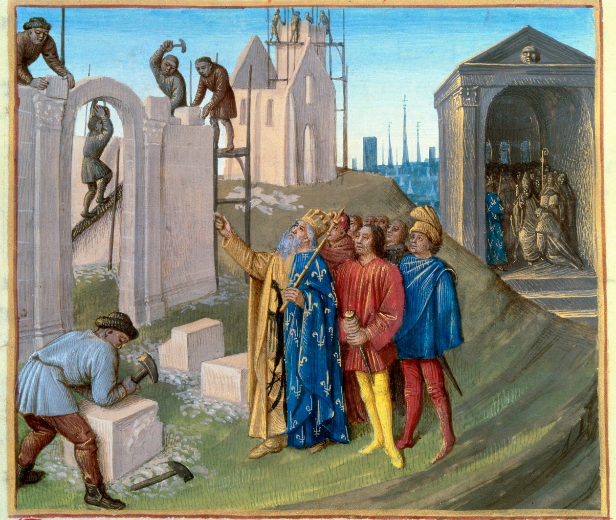 Stavba paláce v Cáchách (796-805) Karlem Velikým (742-814), který dohlíží na staveniště. Vpravo, keporkak Pepin (770-811), který se stává mnichem. Miniatura z „Les Grandes Chronicles de France““ osvícená Jeanem Fouquetem (1420-1 od Jean Fouquet