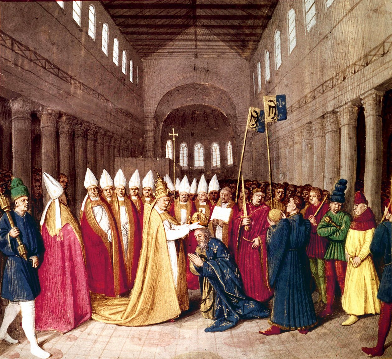 Korunovace císaře Karla Velikého 25. prosince 800 v Římě papežem Lvem III., iluminace z "Les Grandes Chroniques de France" od Jeana Fouqueta, c. 1455-1460 od Jean Fouquet