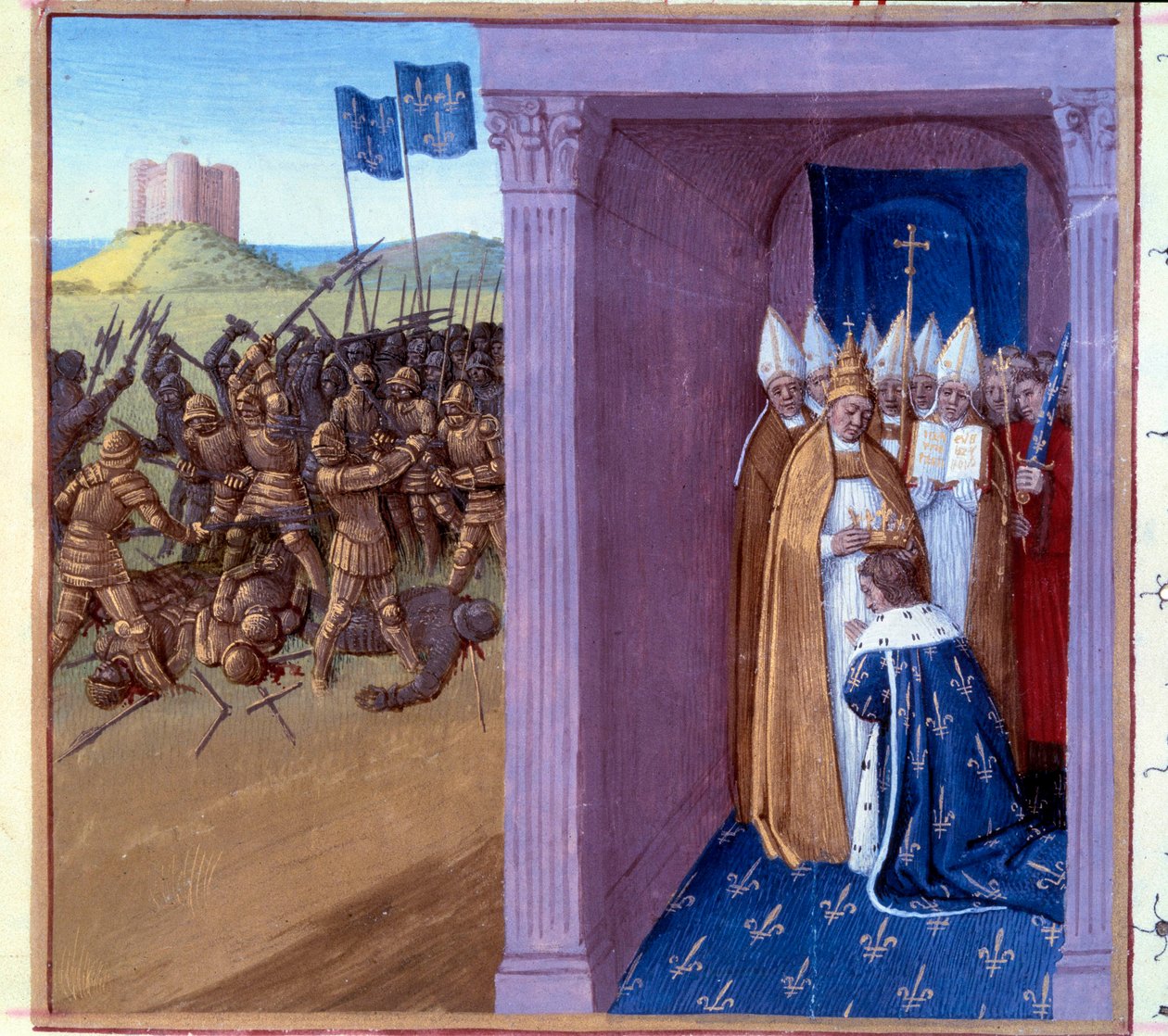 Porážka Griffona (scéna zleva): Boj Pepina Briefa (714-768) a jeho bratra Griffona. Prsteny Pepina Briefa do Laonu v roce 754. Miniatura v „“Grandes chroniques de France““ (Folio 76) osvícená Jeanem Fouquetem (15. století) 1493. Paříž. B N od Jean Fouquet