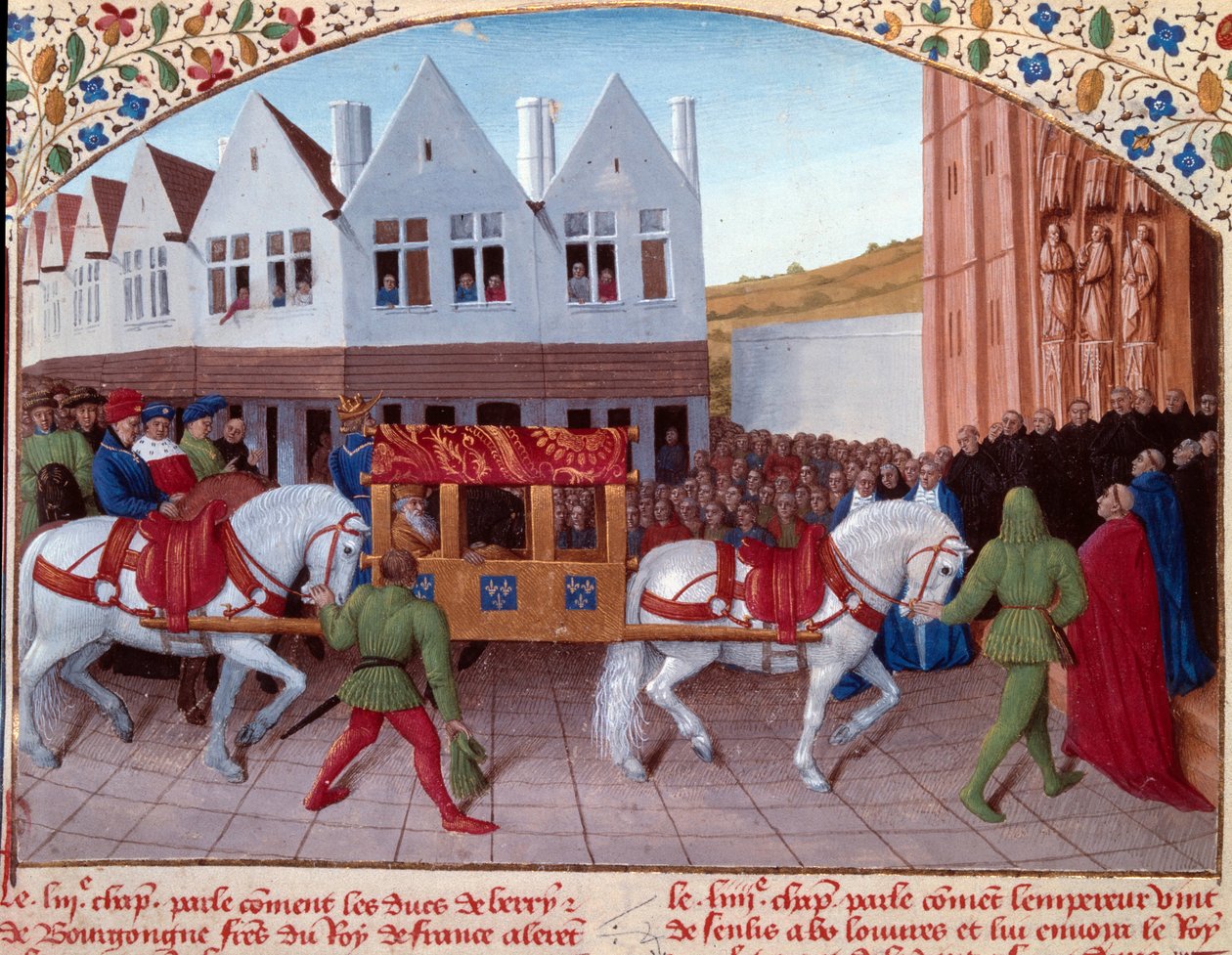Entrée of Charles IV (1316-1378) německý císař v roce 1378 v Saint-Denis. Miniatura z „“ Grandes Chronicles de France““ (Folio 442). Enlumine od Jeana Fouqueta (15. století) od Jean Fouquet