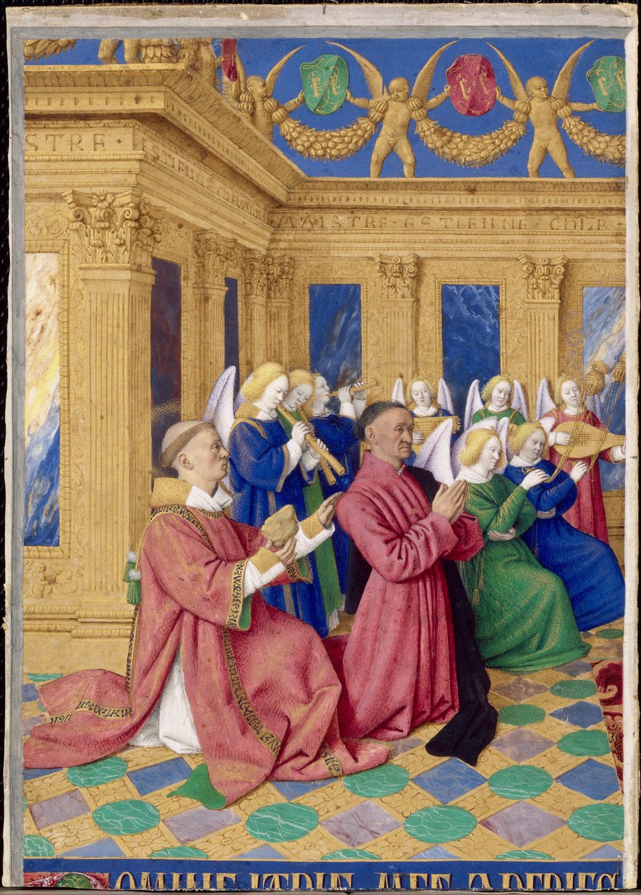 Étienne Chevalier a jeho patron svatý Étienne, miniatura z Hodin Étienna Chevaliera od Jean Fouquet
