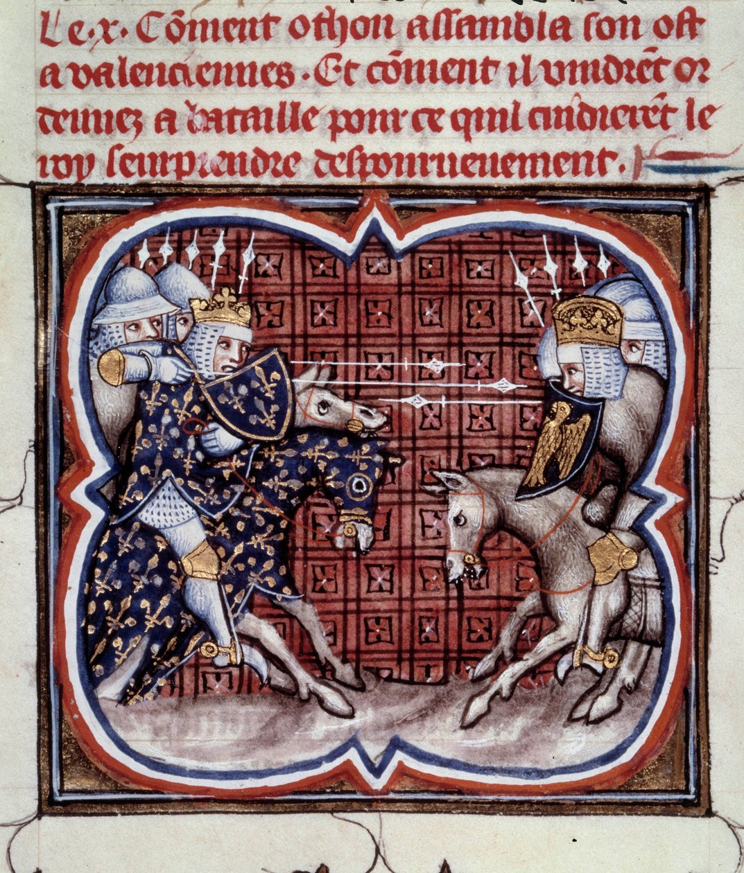 Francouzsko-anglická válka (1202-1214): Bitva u Bouvines dne 27. 7. 1214 mezi francouzskou armádou Philippa Augusta a Vlámy a Welfy z Othona IV. Francouzské vítězství bylo rozhodující ve výsledku války. Miniatura z „Velkých letopisů Francie“ b od Jean Fouquet