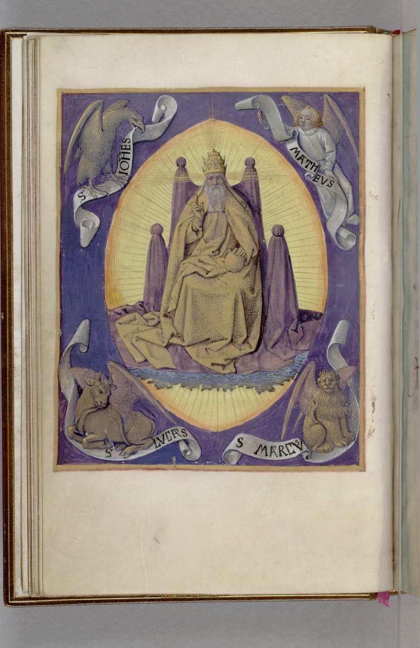 Bůh Otec se symboly čtyř evangelistů v rozích. Kniha hodin, 1450-1499 od Jean Fouquet