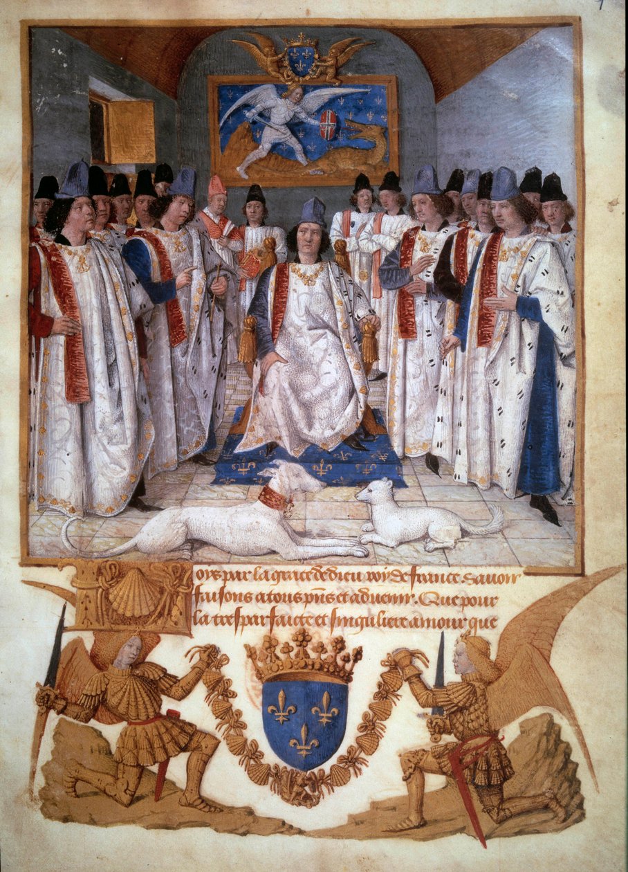 Držitel kapituly Řádu Saint Michel kolem Ludvíka XI. (1423-1483) Miniatura ze „Statutů řádu Saint-Michel“ od Jeana Fouqueta (1420-1481) 1470 Paříž, B.N. od Jean Fouquet