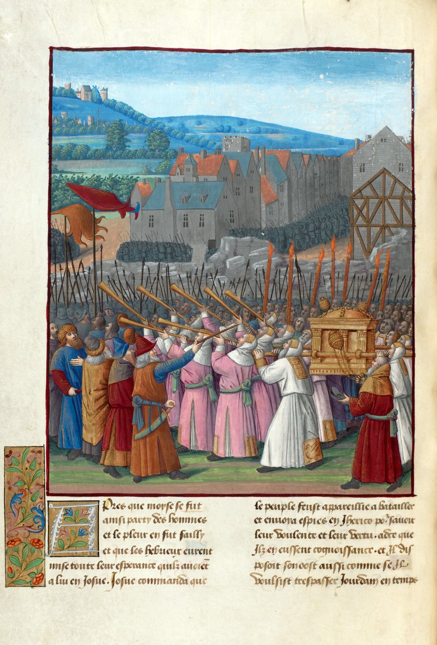 Joshua a pád Jericha. Ilustrace ve Flavius Josephus ""Starožitnosti Židů"" (Antiquitatum Iudaicarum) par Fouquet, Jean (1420-1481). Kvaš na pergamenu, konec 15. stol., Bibliotheque Nationale de France od Jean Fouquet