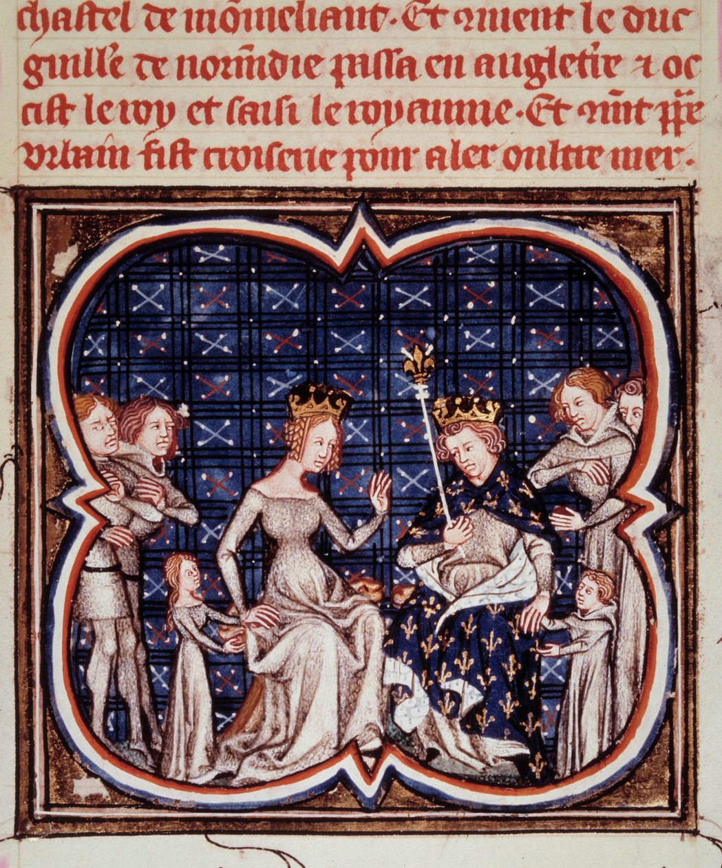 Francouzský král Filip I. (1052-1108) s manželkou Berthe z Hollande a jejich dětmi Konstancií Francouzskou (1078-1125) a Ludvíkem VI. (1081-1137) Miniatura z „“Les grandes Chronicles de France““ (ms. fr 2813 fol. 182) 1375-1380 Paříž, B.N. od Jean Fouquet