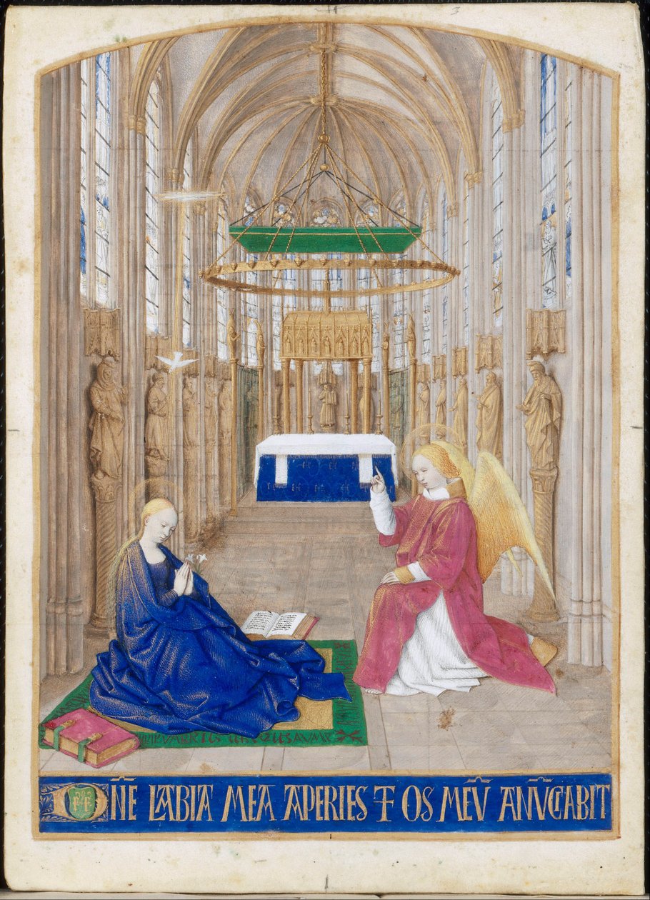 Zvěstování, miniatura z Hodin Étienna Chevaliera. Oficium Ducha svatého, ranní chvály od Jean Fouquet