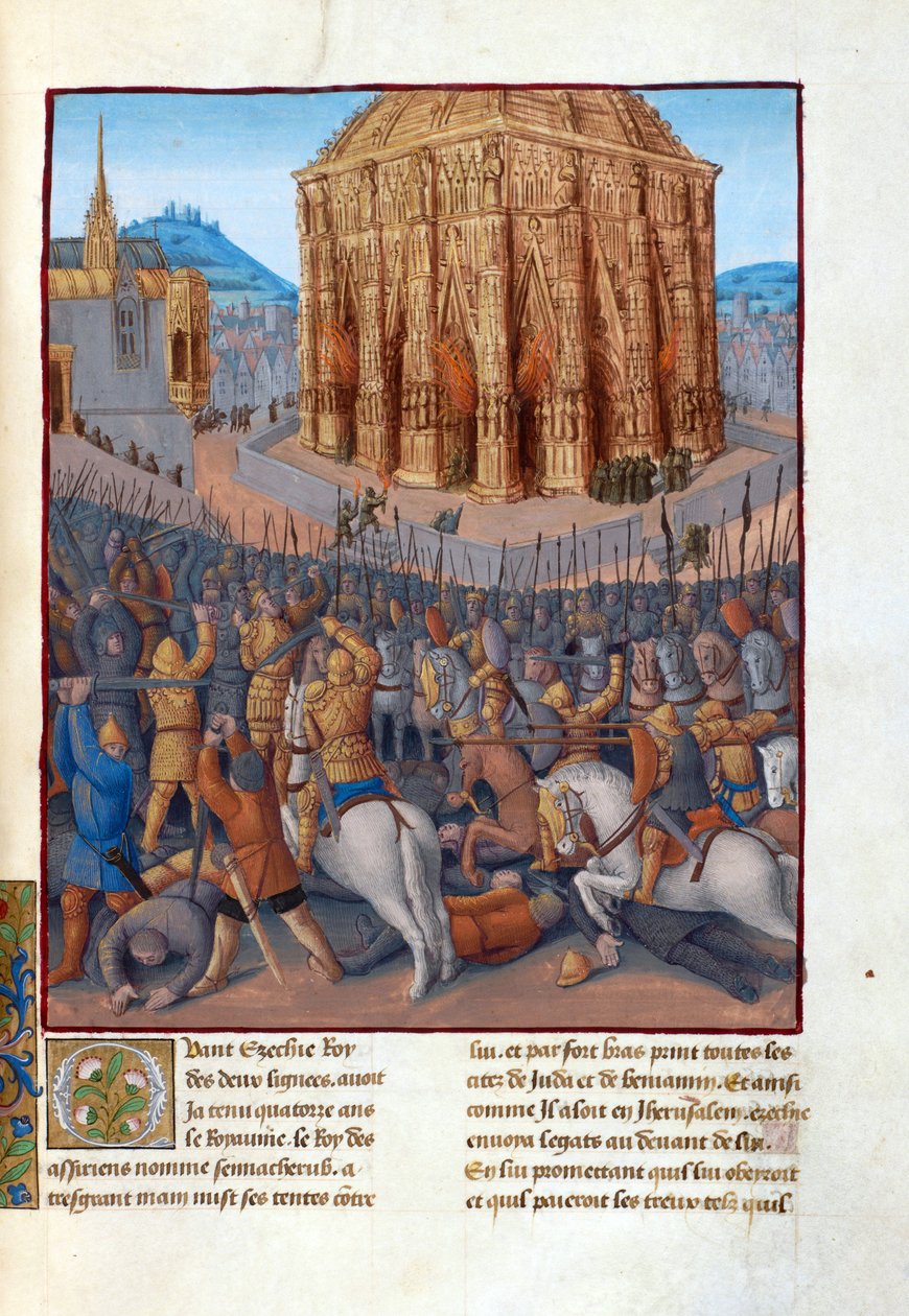 Le obležení Jeruzaléma par le roi de Babylon Nabuchodonozor II (604-562 před JC) - Obležení Jeruzaléma Nebukadnezarem II. Ilustrace ve Flavius ​​​​Josephus "Starožitnosti Židů" (Antiquitatum Judaicarum) par Fouquet, Jean (1420-1481). Kvaš na pa od Jean Fouquet